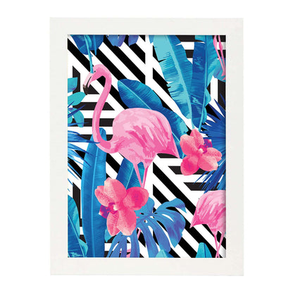 Poster de flamencos. Lámina Flamenco tropical con imágenes de flamencos sobre fondo colorido. Posters de aves con diseño.-Artwork-Nacnic-A4-Marco Blanco-Nacnic Estudio SL