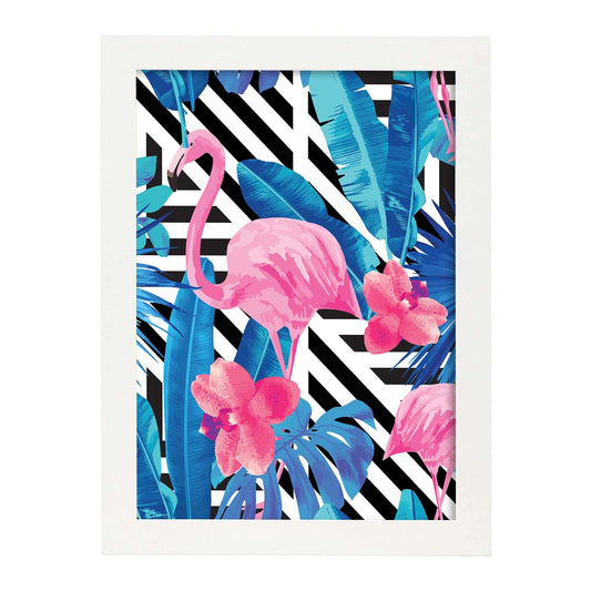 Poster de flamencos. Lámina Flamenco tropical con imágenes de flamencos sobre fondo colorido. Posters de aves con diseño.-Artwork-Nacnic-A4-Marco Blanco-Nacnic Estudio SL
