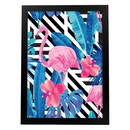 Poster de flamencos. Lámina Flamenco tropical con imágenes de flamencos sobre fondo colorido. Posters de aves con diseño.-Artwork-Nacnic-A4-Marco Negro-Nacnic Estudio SL