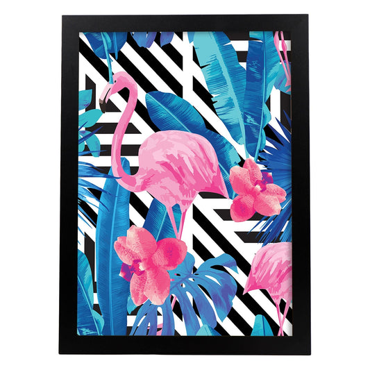 Poster de flamencos. Lámina Flamenco tropical con imágenes de flamencos sobre fondo colorido. Posters de aves con diseño.-Artwork-Nacnic-A4-Marco Negro-Nacnic Estudio SL