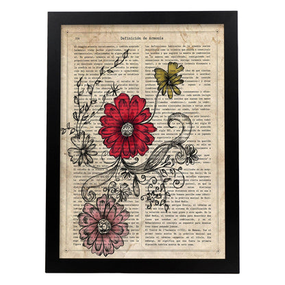 Poster de Flores roja y rosa. Láminas de flores diseñadas con estilo antiguo. Diseño de botánica y plantas.-Artwork-Nacnic-A4-Marco Negro-Nacnic Estudio SL