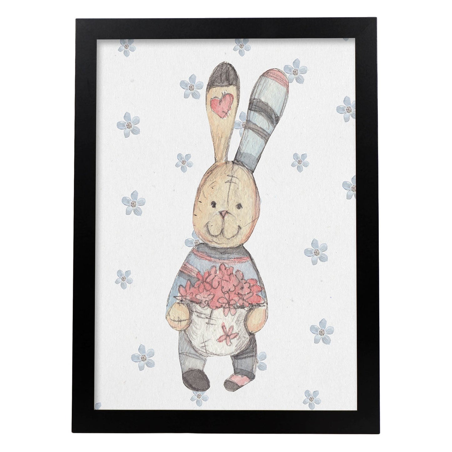 Poster de Fred y Caroline. Lámina Gustav adora las flores, con ilustraciones de conejos.-Artwork-Nacnic-A3-Marco Negro-Nacnic Estudio SL