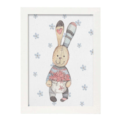 Poster de Fred y Caroline. Lámina Gustav adora las flores, con ilustraciones de conejos.-Artwork-Nacnic-A4-Marco Blanco-Nacnic Estudio SL