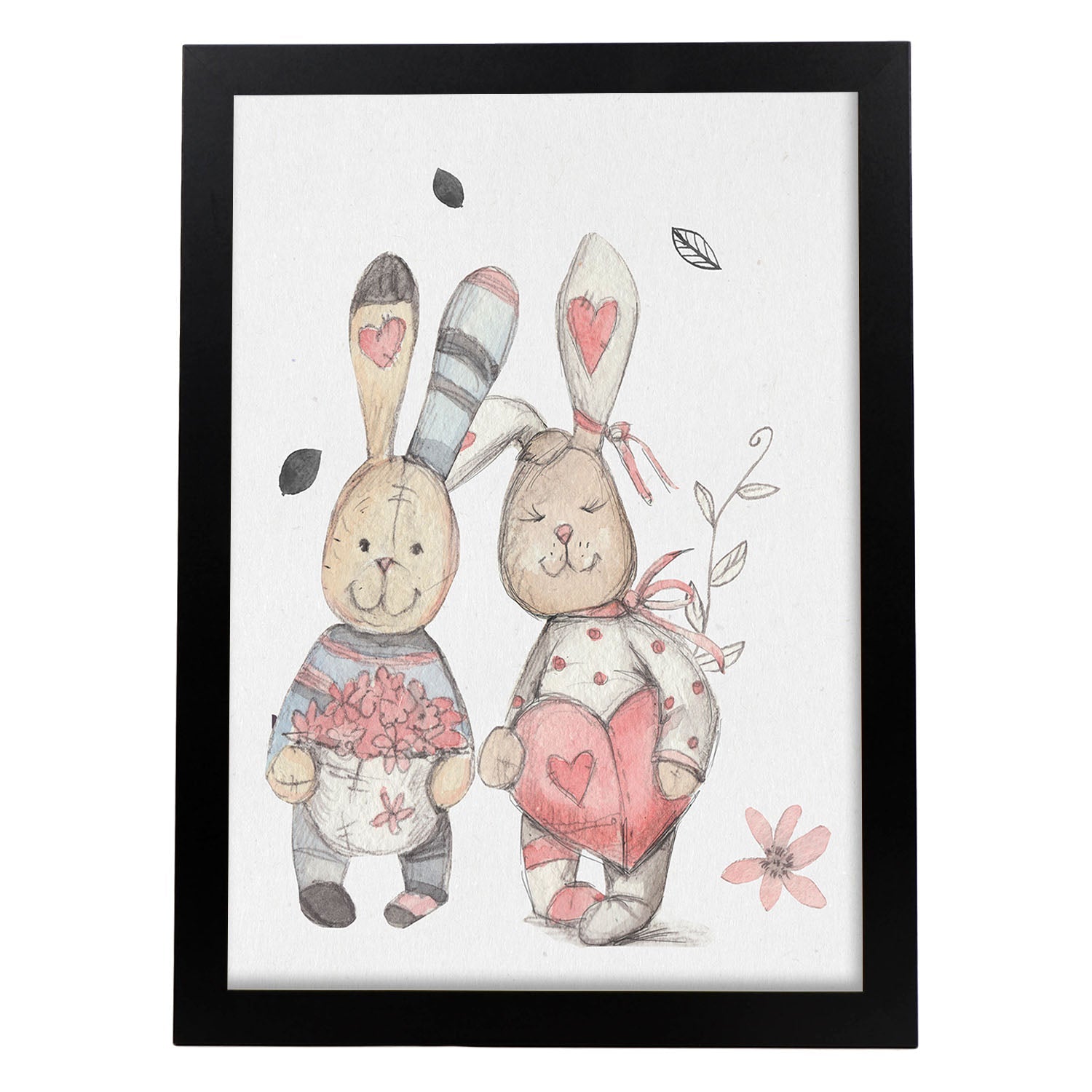 Poster de Fred y Caroline. Lámina Gustav y Caroline disfrutan del dia, con ilustraciones de conejos.-Artwork-Nacnic-A4-Marco Negro-Nacnic Estudio SL