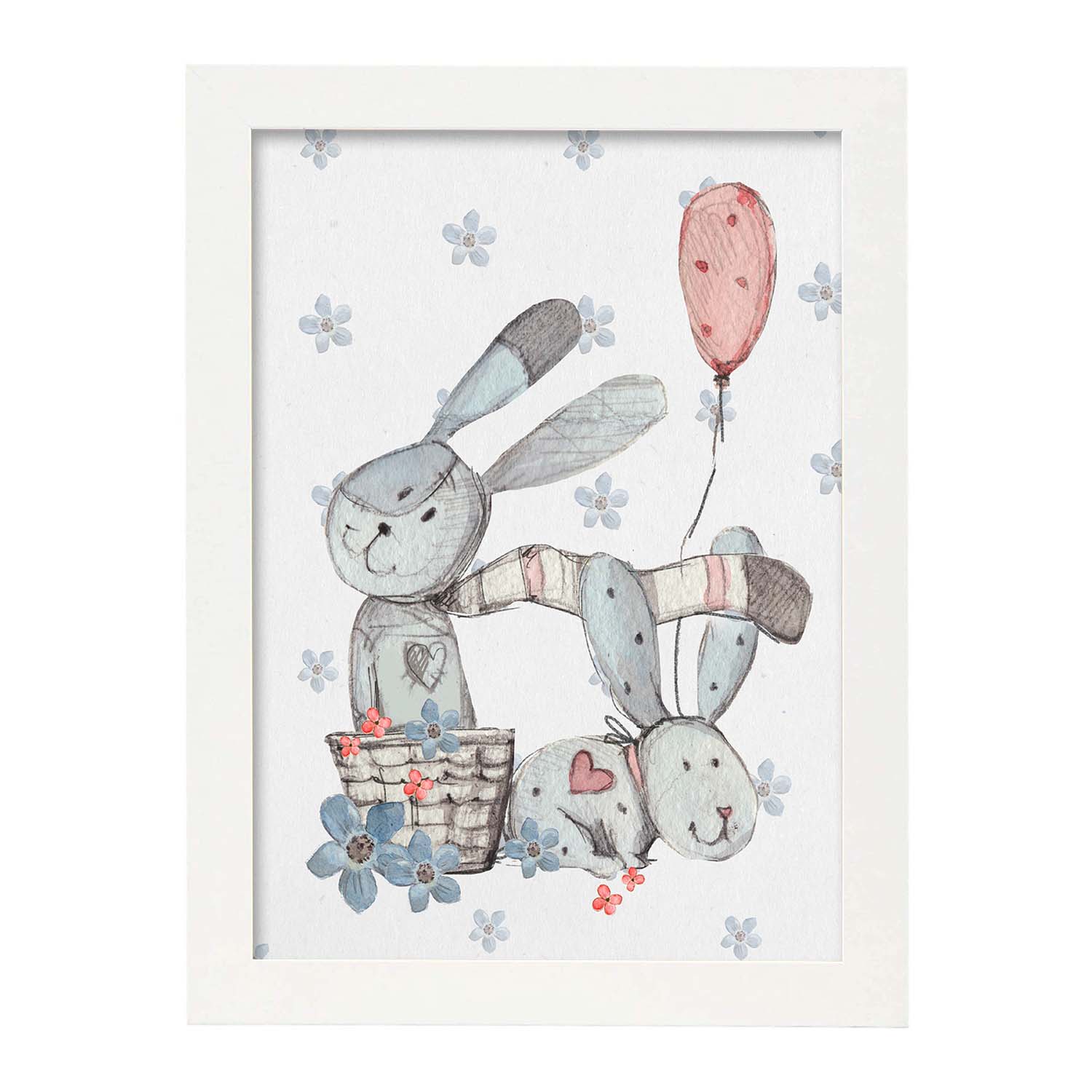 Poster de Fred y Caroline. Lámina Helen y Hugo jugando, con ilustraciones de conejos.-Artwork-Nacnic-A3-Marco Blanco-Nacnic Estudio SL