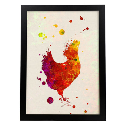 Poster de Gallina con diseño acuarela. Mix de láminas con estilo acuarela-Artwork-Nacnic-A4-Marco Negro-Nacnic Estudio SL