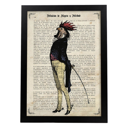 Poster de Gallo vintage. Láminas de animales con definiciones. Ilustraciones de animales con textos.-Artwork-Nacnic-A4-Marco Negro-Nacnic Estudio SL