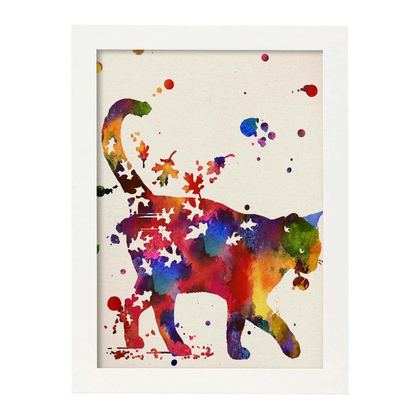 Poster de Gato con hojas con diseño acuarela. Mix de láminas con estilo acuarela-Artwork-Nacnic-A3-Marco Blanco-Nacnic Estudio SL