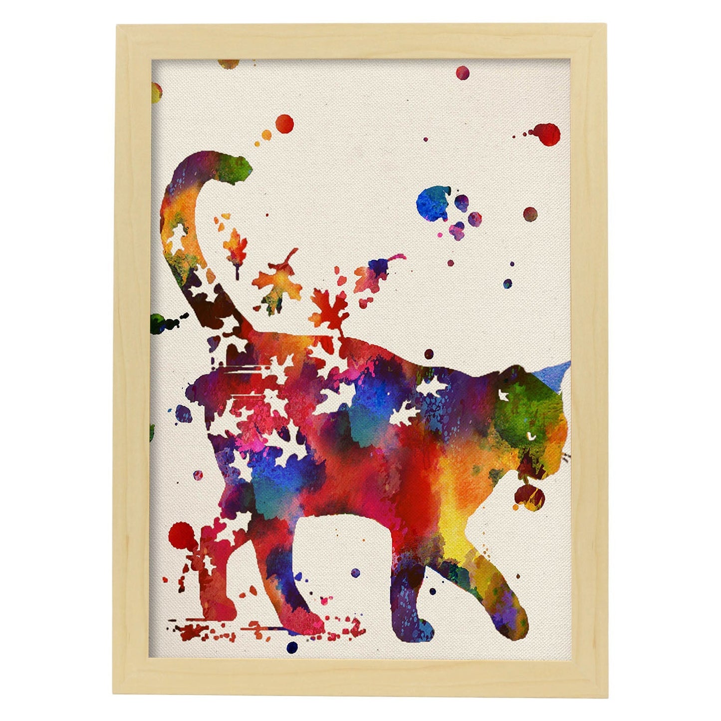Poster de Gato con hojas con diseño acuarela. Mix de láminas con estilo acuarela-Artwork-Nacnic-A3-Marco Madera clara-Nacnic Estudio SL