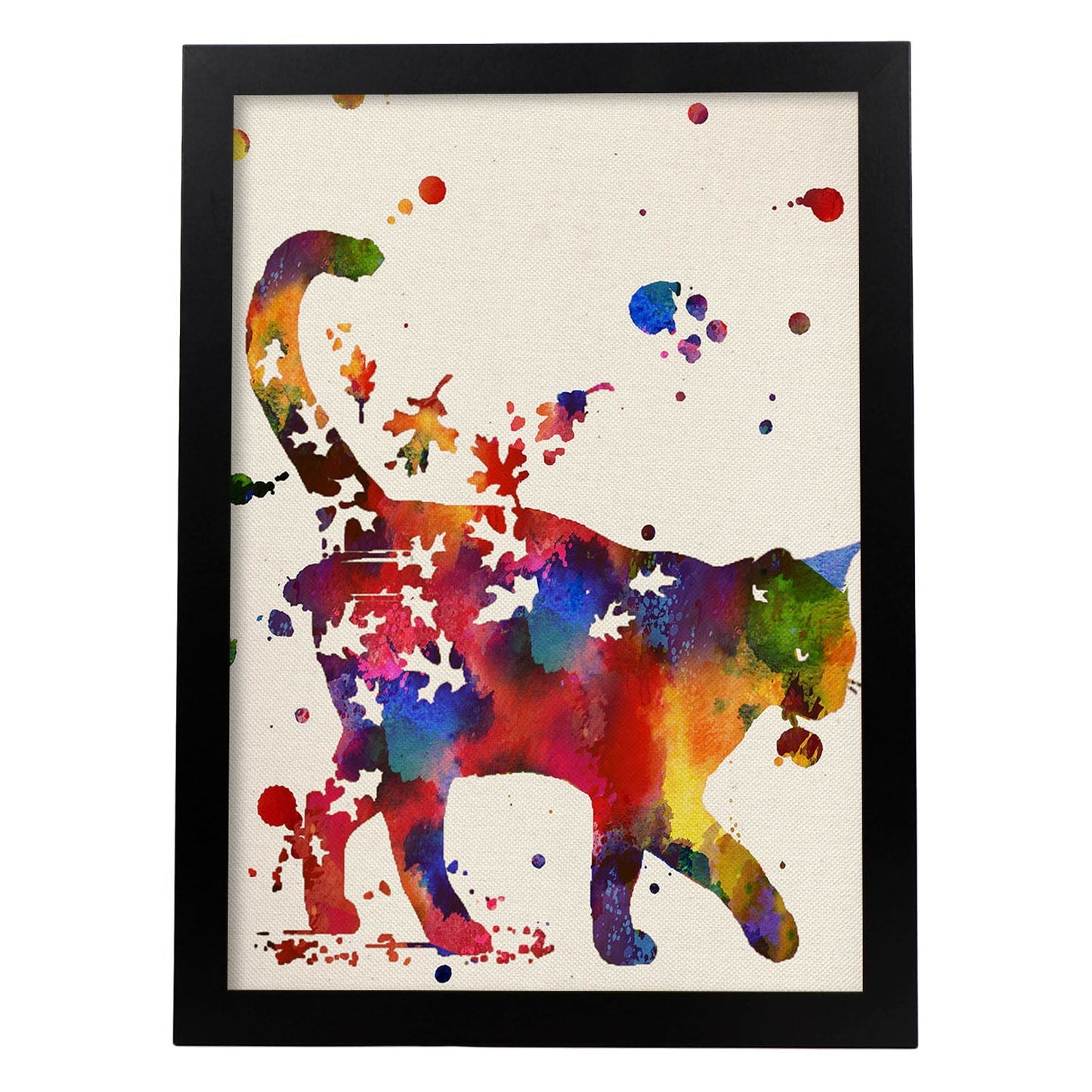 Poster de Gato con hojas con diseño acuarela. Mix de láminas con estilo acuarela-Artwork-Nacnic-A3-Marco Negro-Nacnic Estudio SL