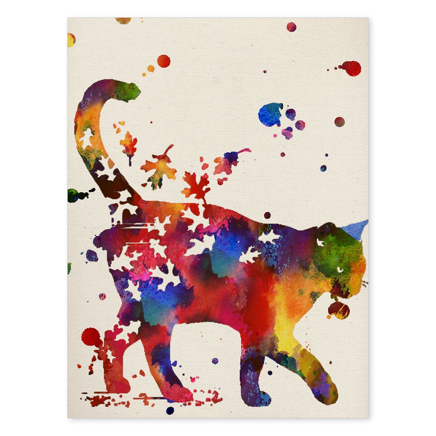 Poster de Gato con hojas con diseño acuarela. Mix de láminas con estilo acuarela-Artwork-Nacnic-A4-Sin marco-Nacnic Estudio SL