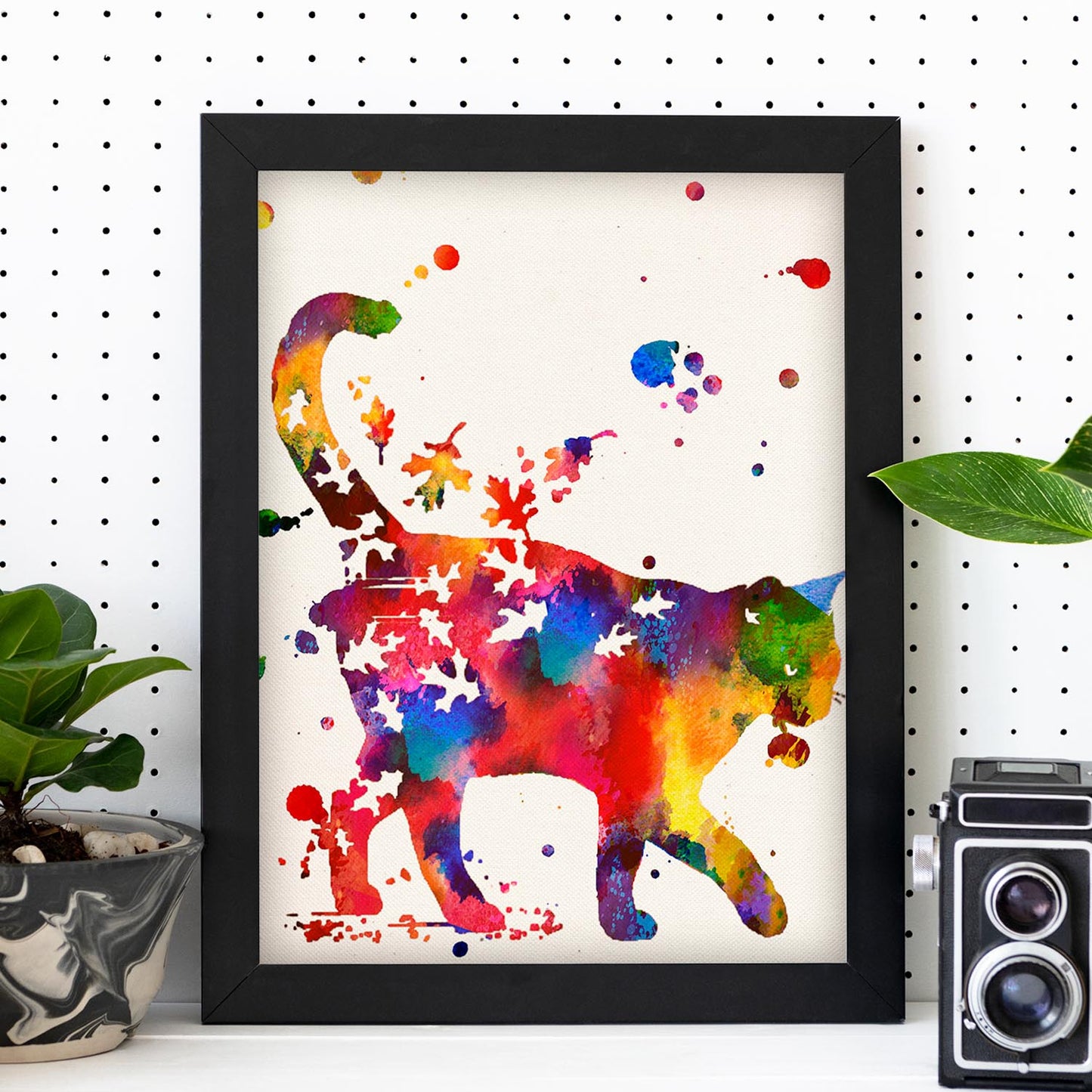 Poster de Gato con hojas con diseño acuarela. Mix de láminas con estilo acuarela-Artwork-Nacnic-Nacnic Estudio SL