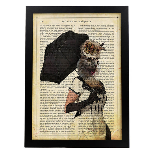 Poster de Gato con sombrilla. Láminas de animales con definiciones. Ilustraciones de animales con textos.-Artwork-Nacnic-A4-Marco Negro-Nacnic Estudio SL