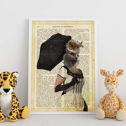 Poster de Gato con sombrilla. Láminas de animales con definiciones. Ilustraciones de animales con textos.-Artwork-Nacnic-Nacnic Estudio SL