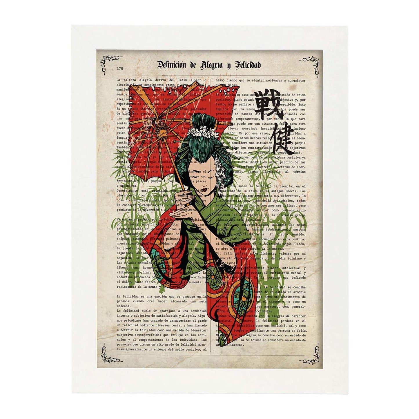 Poster de Geisha con paraguas. Láminas de geishas. Diseños japoneses con definiciones de la cultura japonesa.-Artwork-Nacnic-A3-Marco Blanco-Nacnic Estudio SL