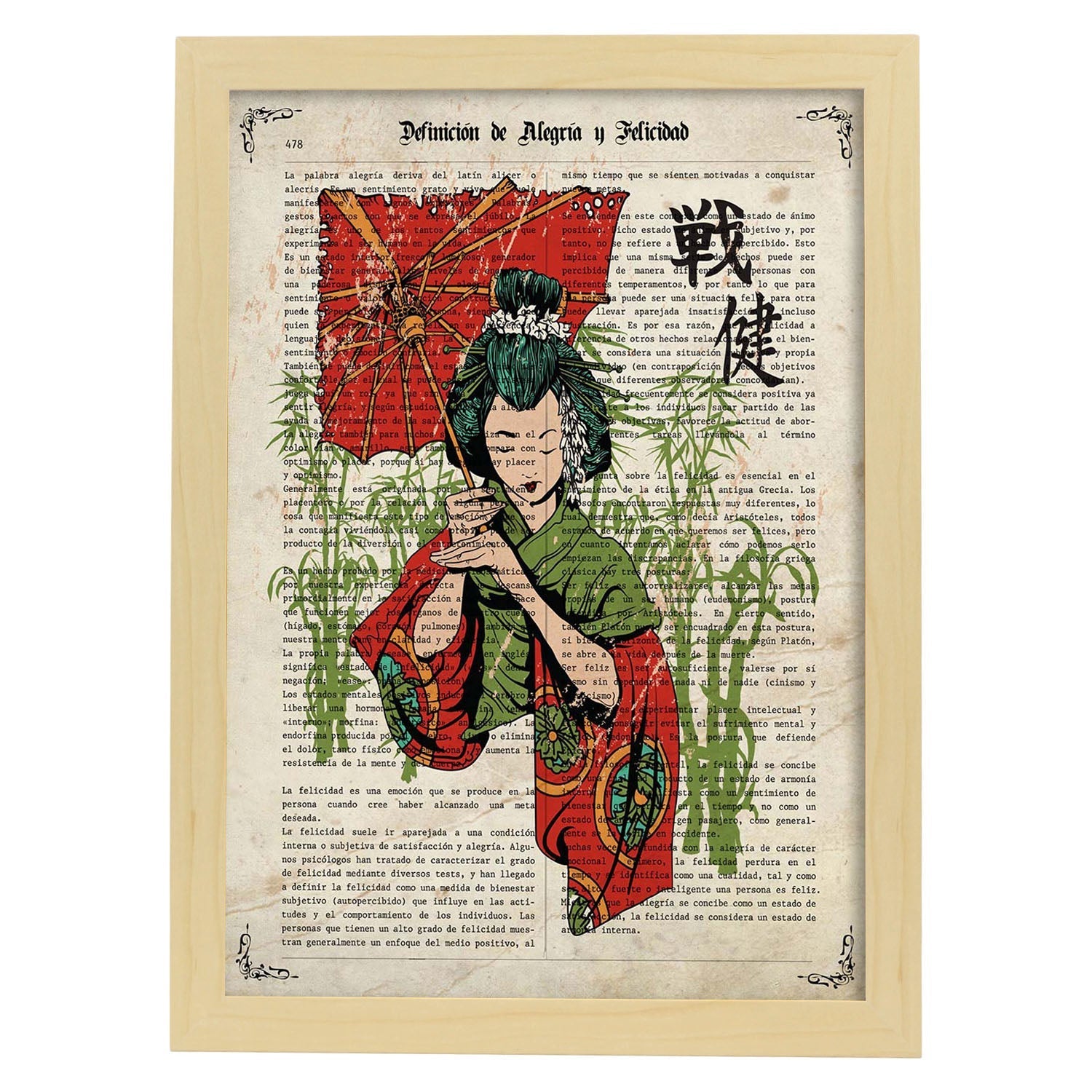 Poster de Geisha con paraguas. Láminas de geishas. Diseños japoneses con definiciones de la cultura japonesa.-Artwork-Nacnic-A3-Marco Madera clara-Nacnic Estudio SL