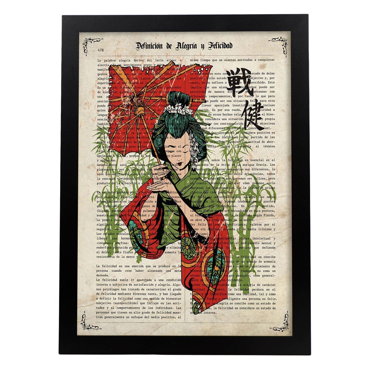 Poster de Geisha con paraguas. Láminas de geishas. Diseños japoneses con definiciones de la cultura japonesa.-Artwork-Nacnic-A3-Marco Negro-Nacnic Estudio SL