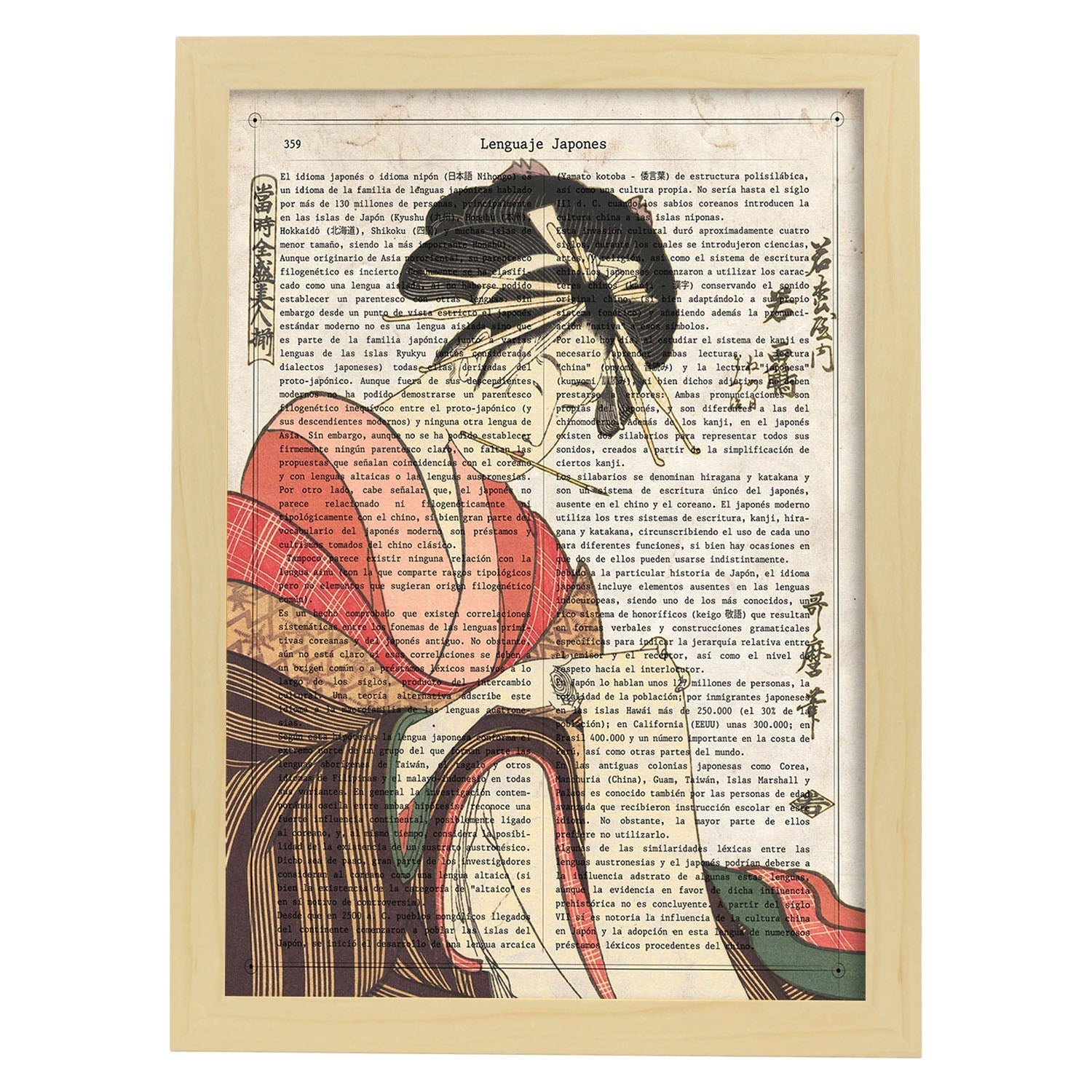 Poster de Geisha escribiendo. Láminas de geishas. Diseños japoneses con definiciones de la cultura japonesa.-Artwork-Nacnic-A3-Marco Madera clara-Nacnic Estudio SL