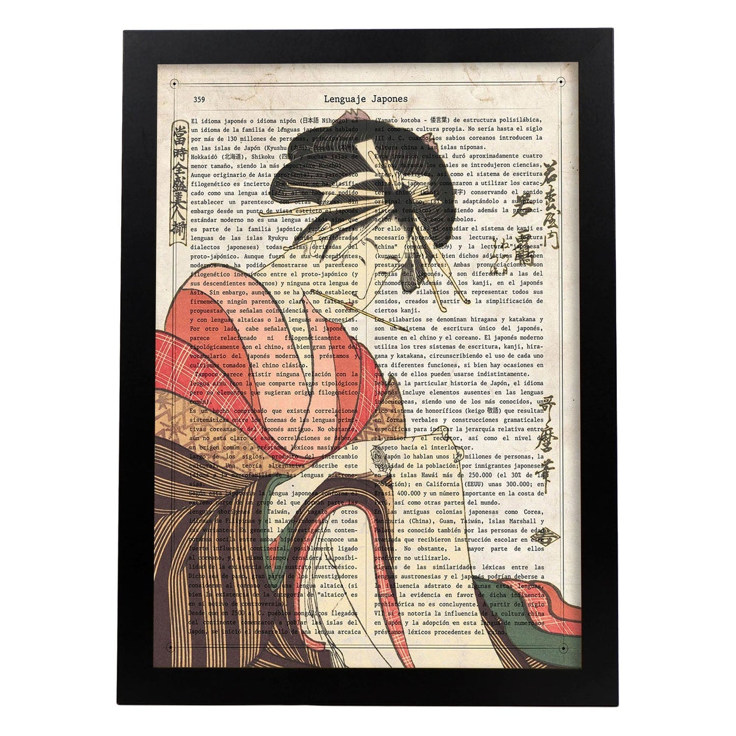 Poster de Geisha escribiendo. Láminas de geishas. Diseños japoneses con definiciones de la cultura japonesa.-Artwork-Nacnic-A3-Marco Negro-Nacnic Estudio SL