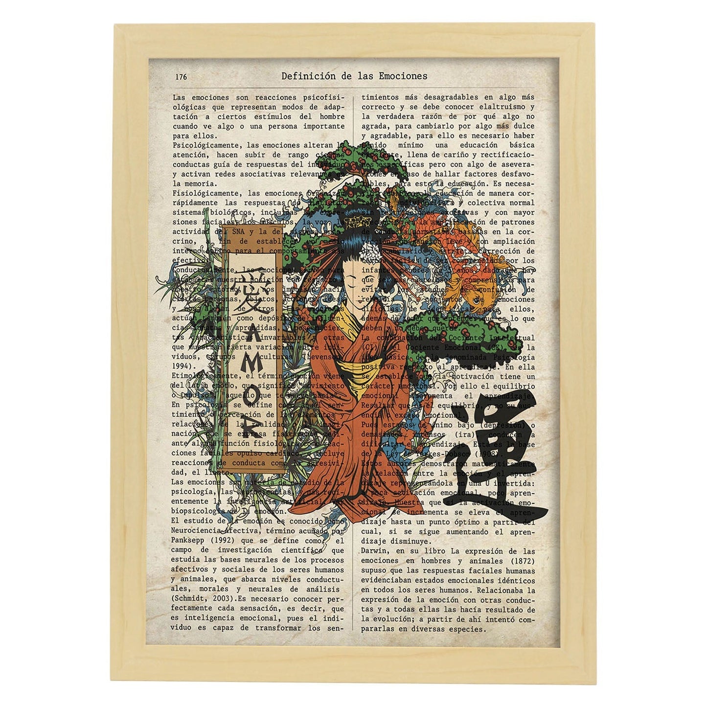 Poster de Geisha meditando. Láminas de geishas. Diseños japoneses con definiciones de la cultura japonesa.-Artwork-Nacnic-A3-Marco Madera clara-Nacnic Estudio SL