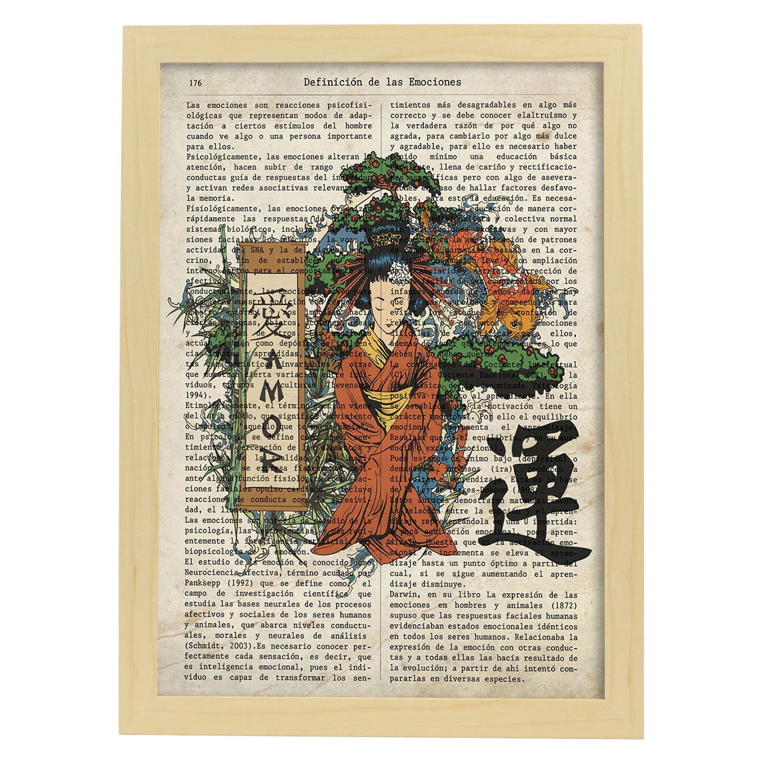 Poster de Geisha meditando. Láminas de geishas. Diseños japoneses con definiciones de la cultura japonesa.-Artwork-Nacnic-A4-Marco Madera clara-Nacnic Estudio SL