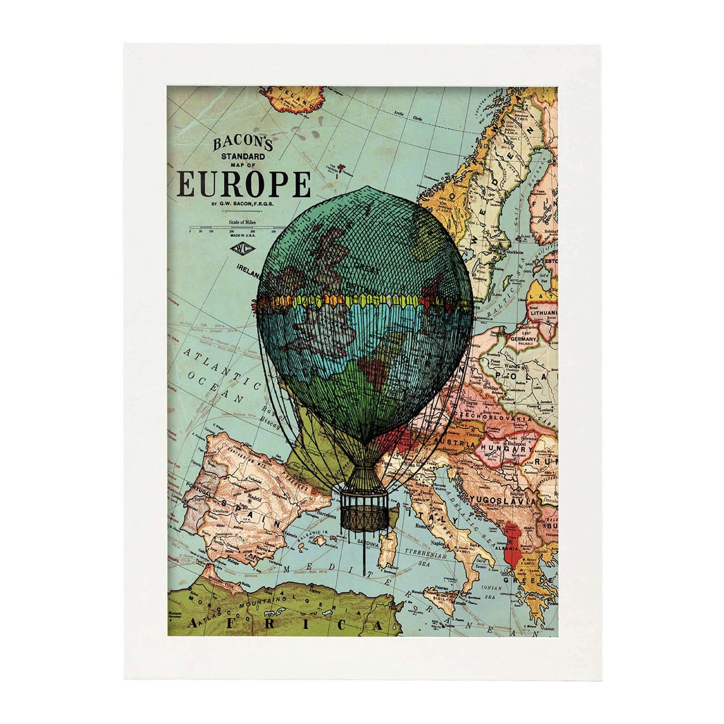 Poster de Globo azul sobre Europa. Láminas de globos aeroestáticos. Diseño con imágenes de globos.-Artwork-Nacnic-Nacnic Estudio SL