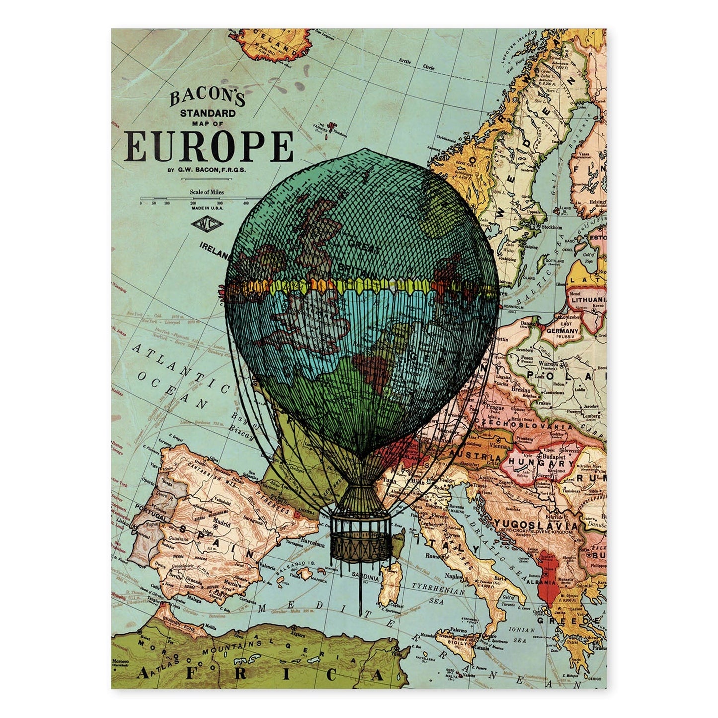 Poster de Globo azul sobre Europa. Láminas de globos aeroestáticos. Diseño con imágenes de globos.-Artwork-Nacnic-A4-Sin marco-Nacnic Estudio SL