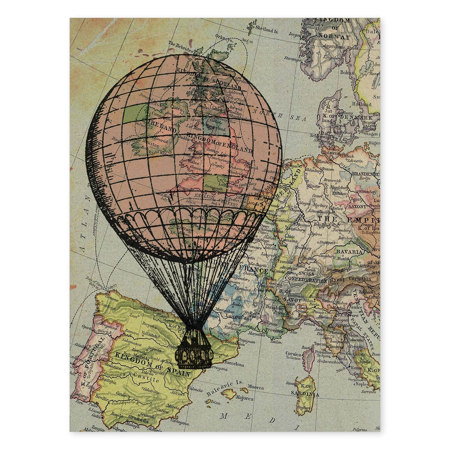 Poster de Globo rosa en Europa. Láminas de globos aeroestáticos. Diseño con imágenes de globos.-Artwork-Nacnic-A4-Sin marco-Nacnic Estudio SL