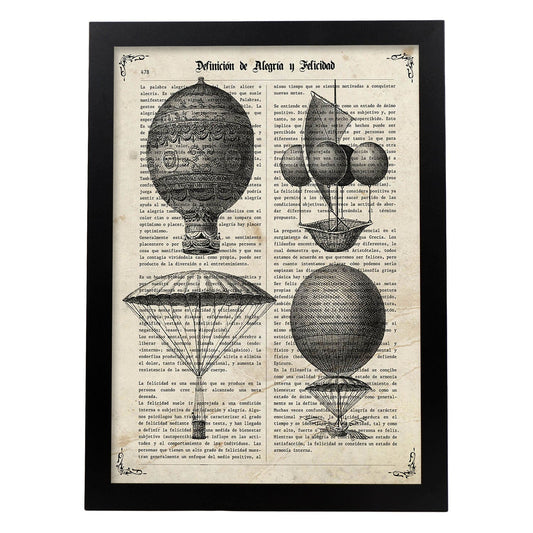 Poster de Globos Vintage. Láminas de globos aeroestáticos. Diseño con imágenes de globos.-Artwork-Nacnic-A4-Marco Negro-Nacnic Estudio SL