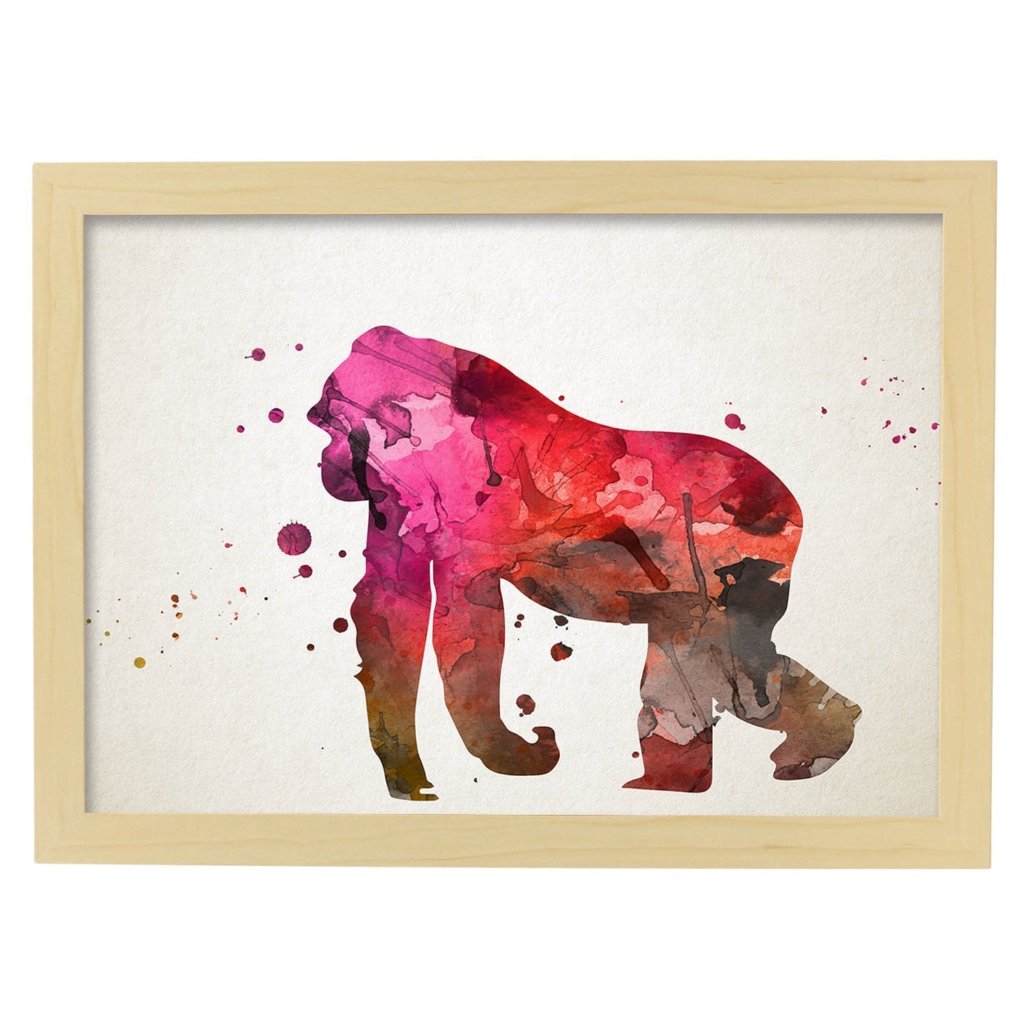 Poster de Gorila estilo acuarela. Láminas de animales con estilo acuarela-Artwork-Nacnic-A3-Marco Madera clara-Nacnic Estudio SL