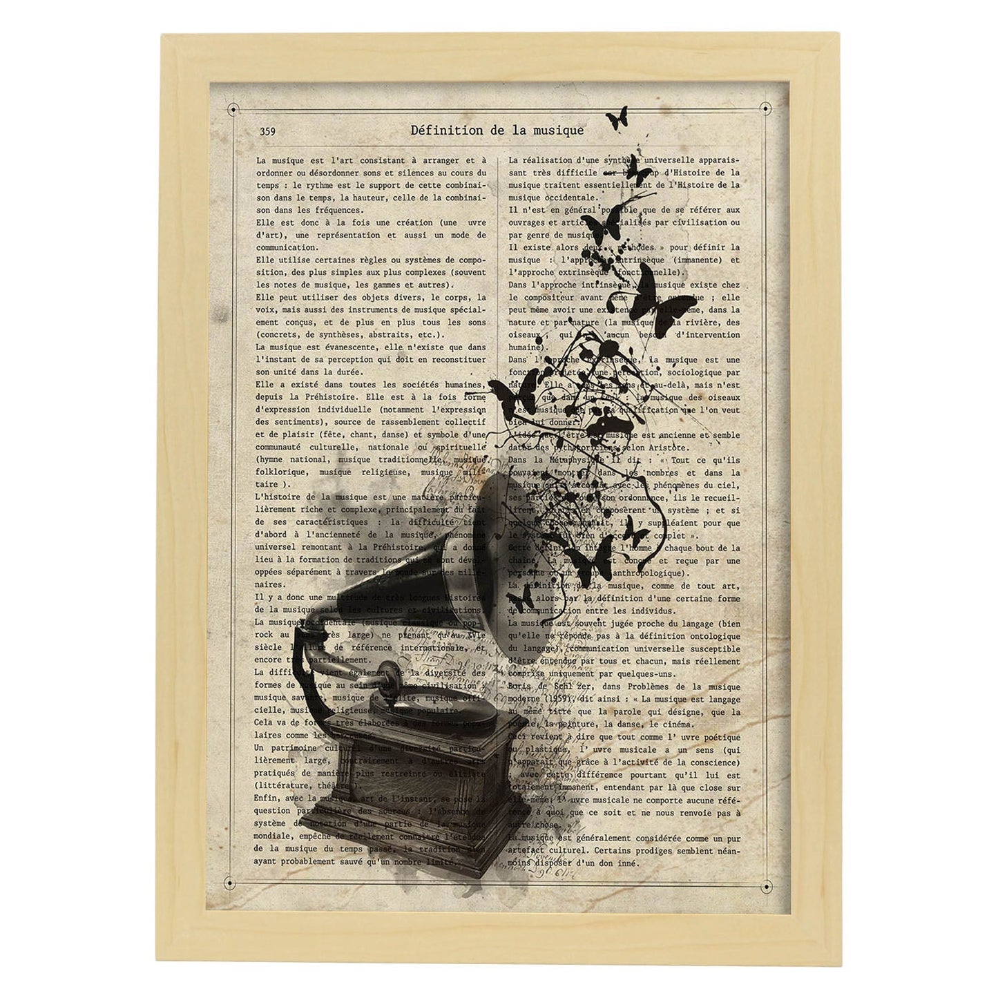 Poster de Gramola con mariposas 2. Láminas musicales con definiciones para-Artwork-Nacnic-A3-Marco Madera clara-Nacnic Estudio SL
