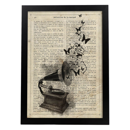 Poster de Gramola con mariposas 2. Láminas musicales con definiciones para-Artwork-Nacnic-A4-Marco Negro-Nacnic Estudio SL