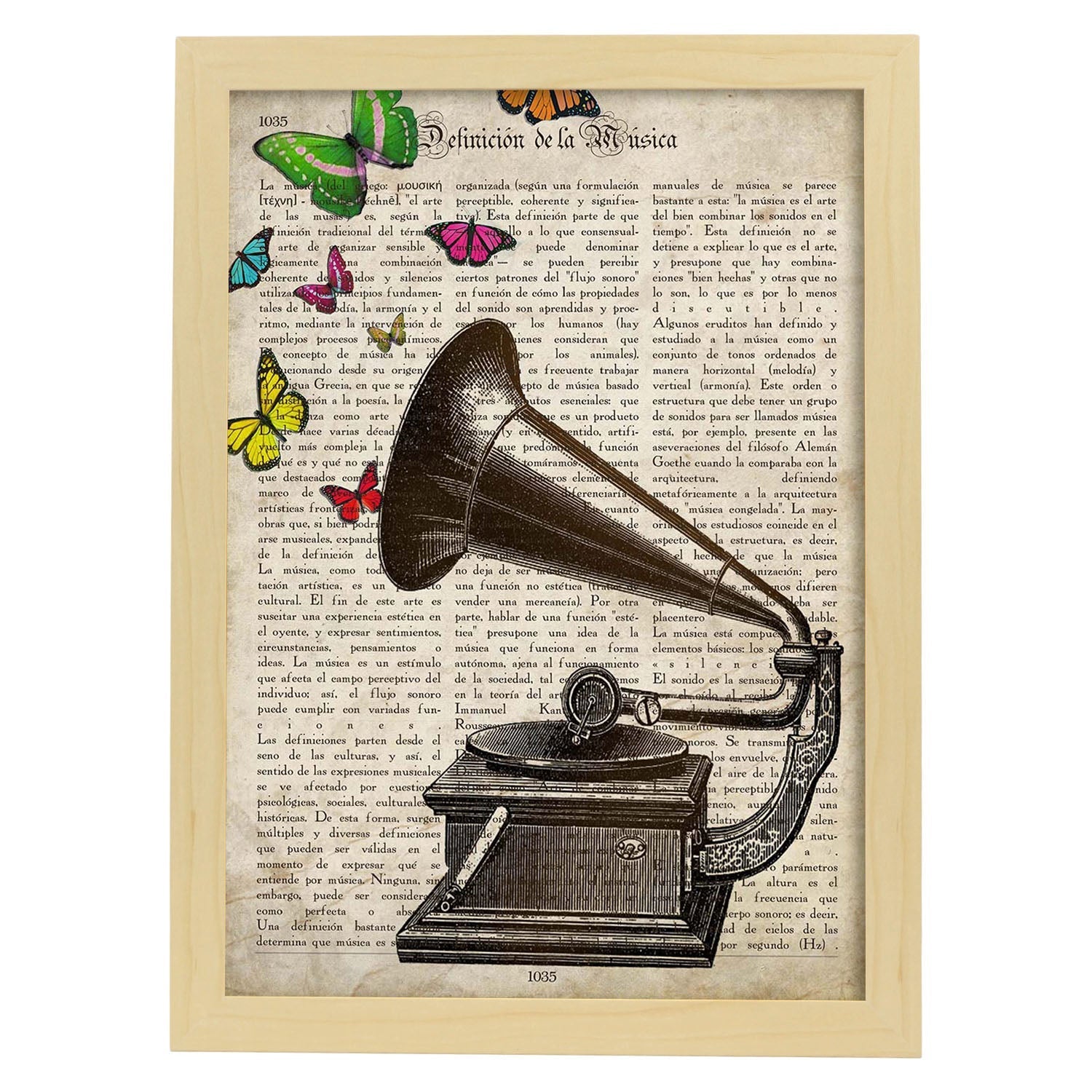 Poster de Gramola con mariposas. Láminas musicales con definiciones para-Artwork-Nacnic-A3-Marco Madera clara-Nacnic Estudio SL