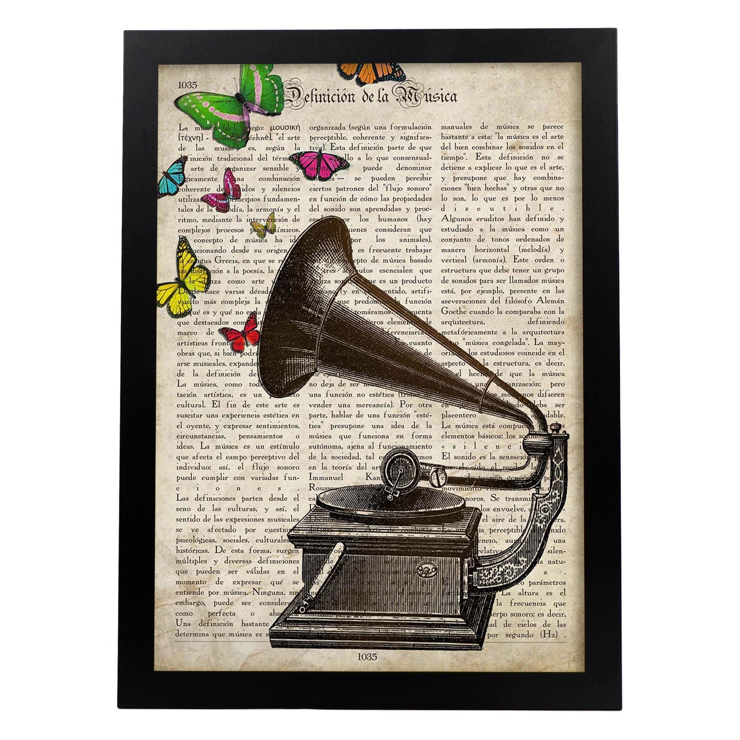 Poster de Gramola con mariposas. Láminas musicales con definiciones para-Artwork-Nacnic-A3-Marco Negro-Nacnic Estudio SL