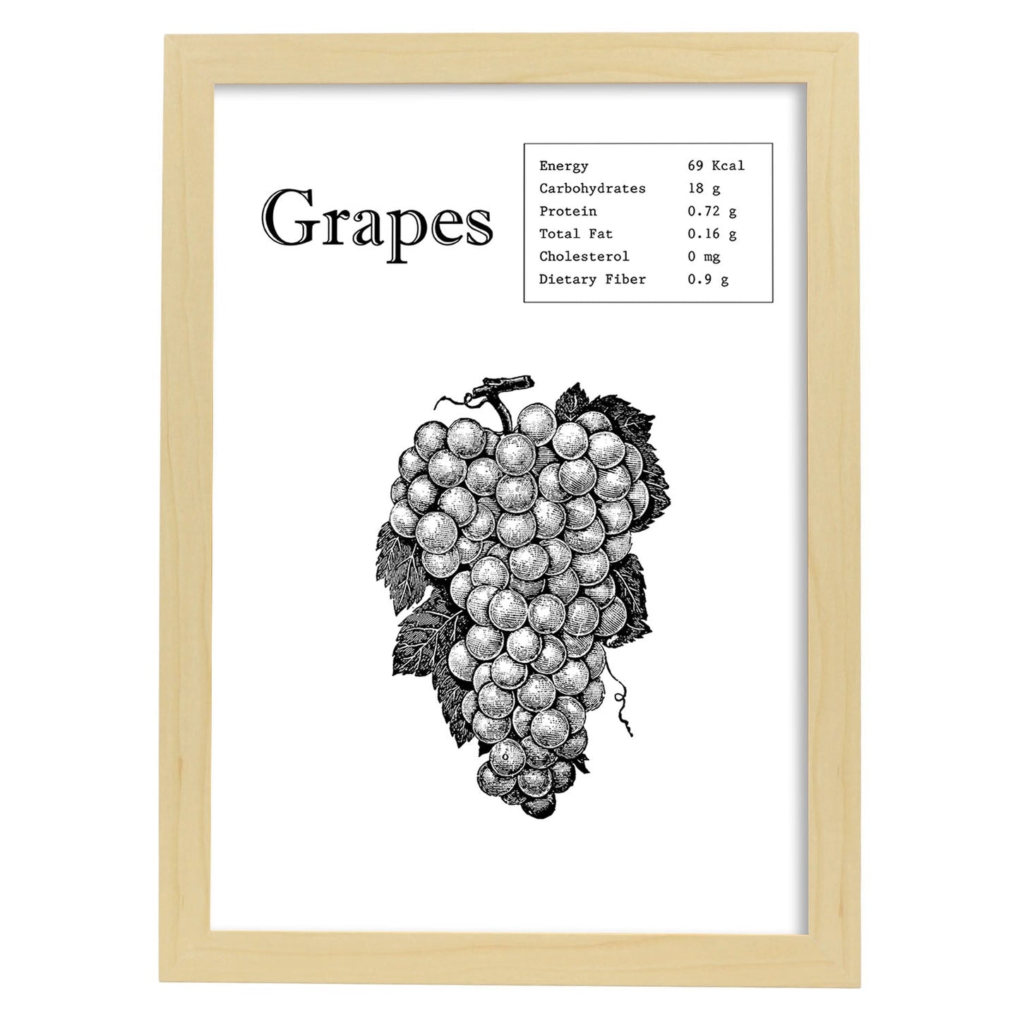 Poster de Grapes. Láminas de frutas y verduras en inglés.-Artwork-Nacnic-A4-Marco Madera clara-Nacnic Estudio SL