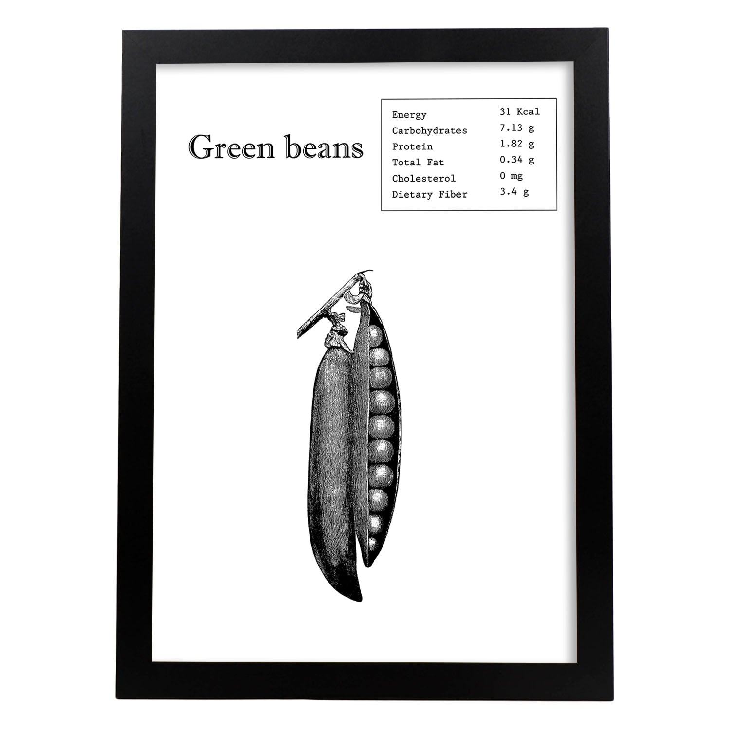 Poster de Green beans. Láminas de frutas y verduras en inglés.-Artwork-Nacnic-A3-Marco Negro-Nacnic Estudio SL