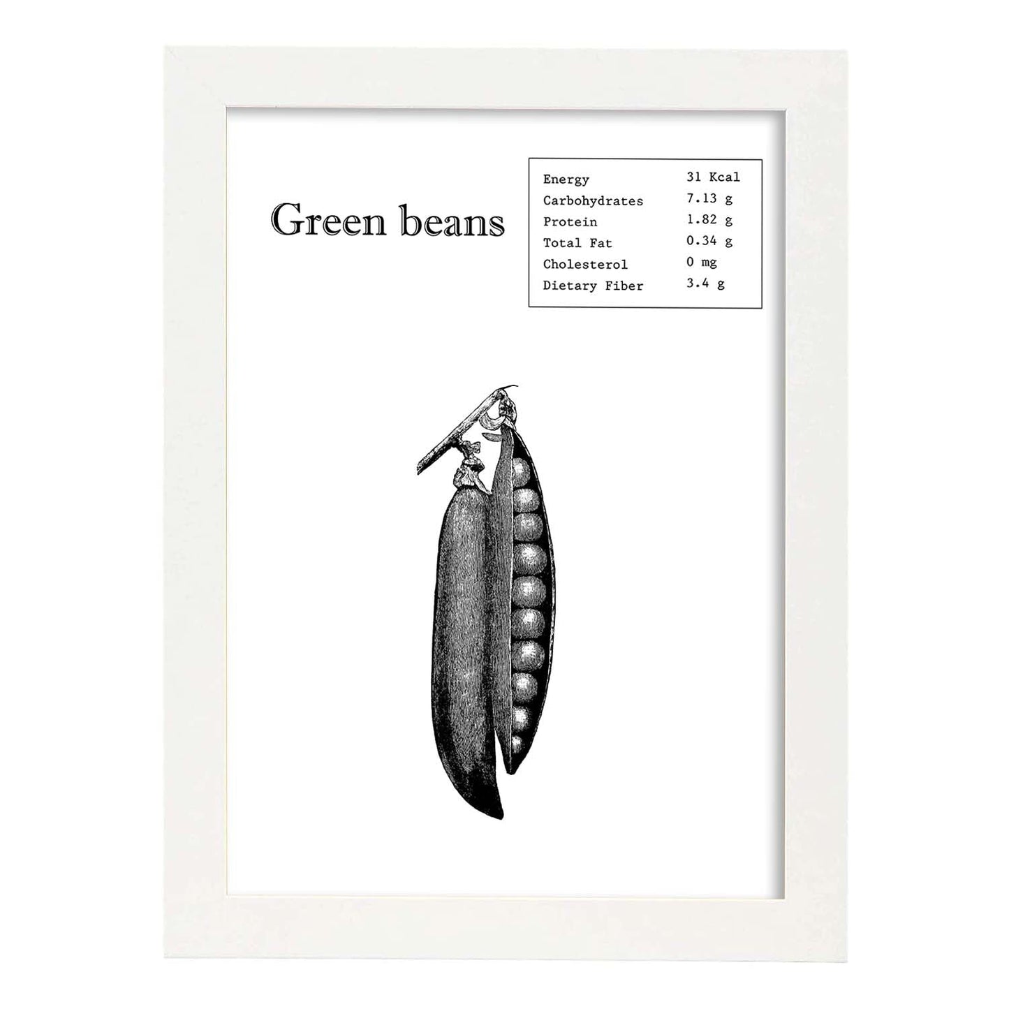 Poster de Green beans. Láminas de frutas y verduras en inglés.-Artwork-Nacnic-A4-Marco Blanco-Nacnic Estudio SL