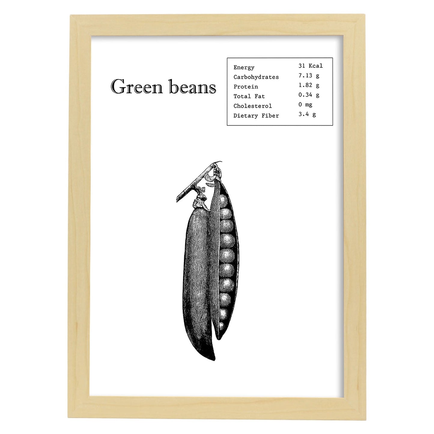 Poster de Green beans. Láminas de frutas y verduras en inglés.-Artwork-Nacnic-A4-Marco Madera clara-Nacnic Estudio SL