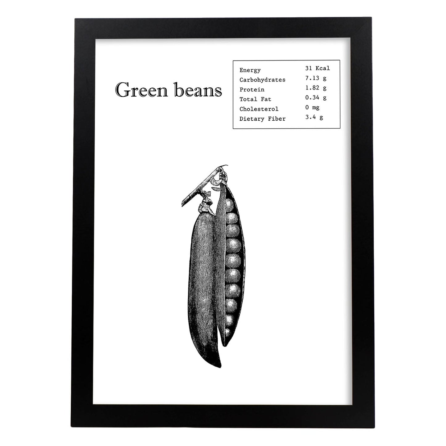 Poster de Green beans. Láminas de frutas y verduras en inglés.-Artwork-Nacnic-A4-Marco Negro-Nacnic Estudio SL