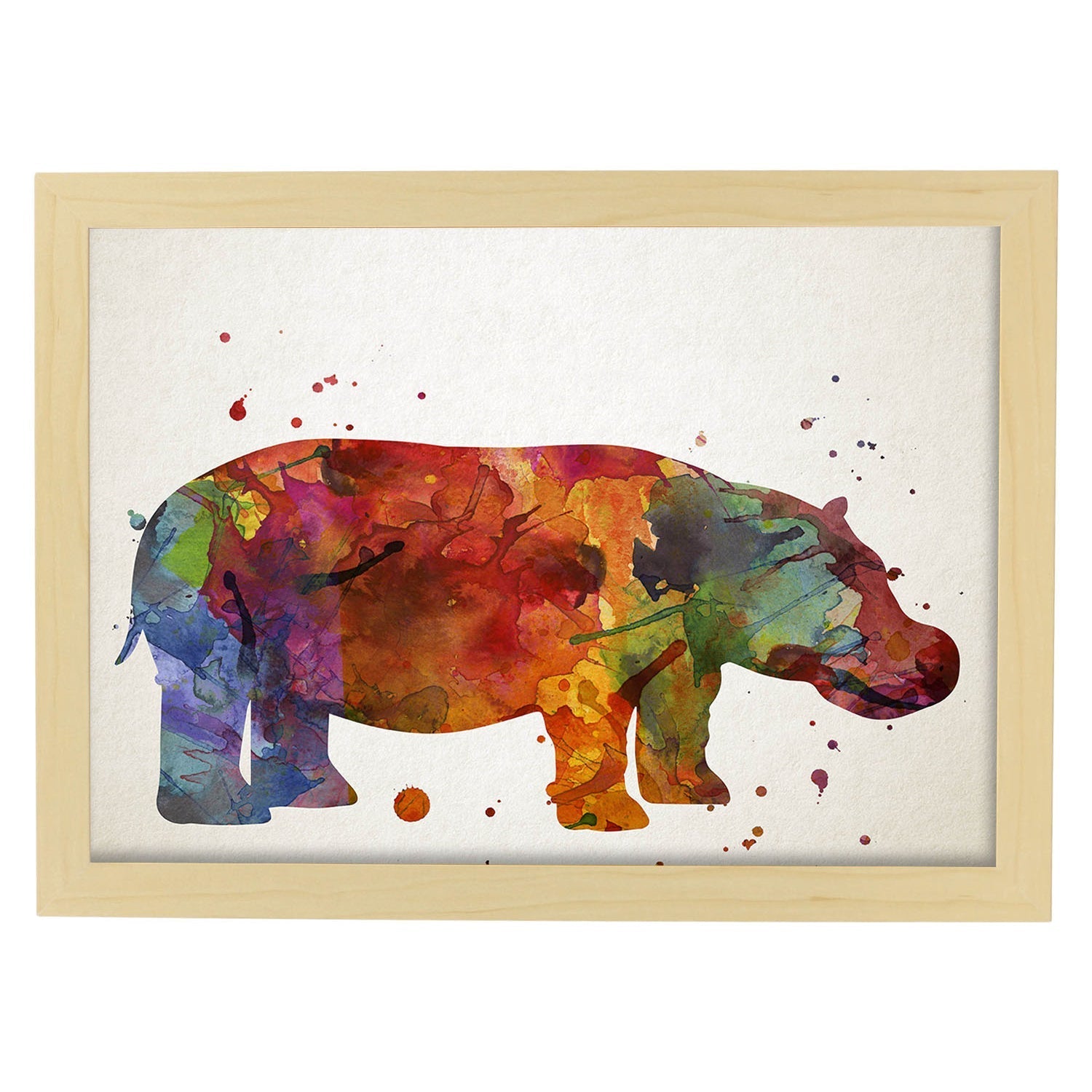 Poster de Hipopótamo estilo acuarela. Láminas de animales con estilo acuarela-Artwork-Nacnic-A3-Marco Madera clara-Nacnic Estudio SL