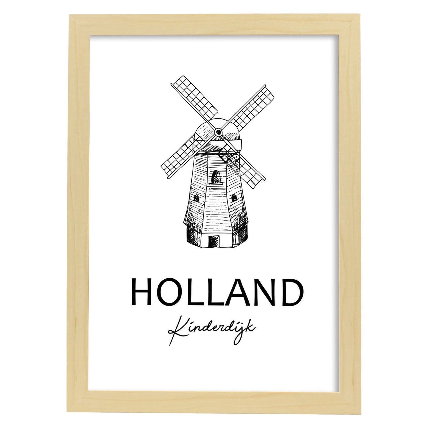Poster de Holanda - Kinderdijk. Láminas con monumentos de ciudades.-Artwork-Nacnic-A3-Marco Madera clara-Nacnic Estudio SL