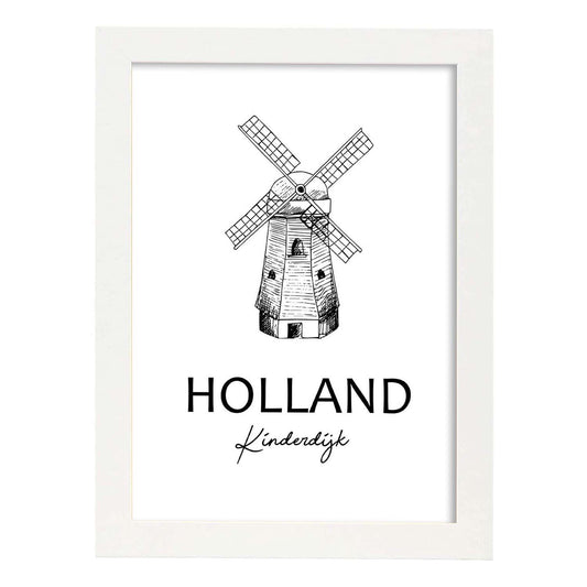 Poster de Holanda - Kinderdijk. Láminas con monumentos de ciudades.-Artwork-Nacnic-A4-Marco Blanco-Nacnic Estudio SL