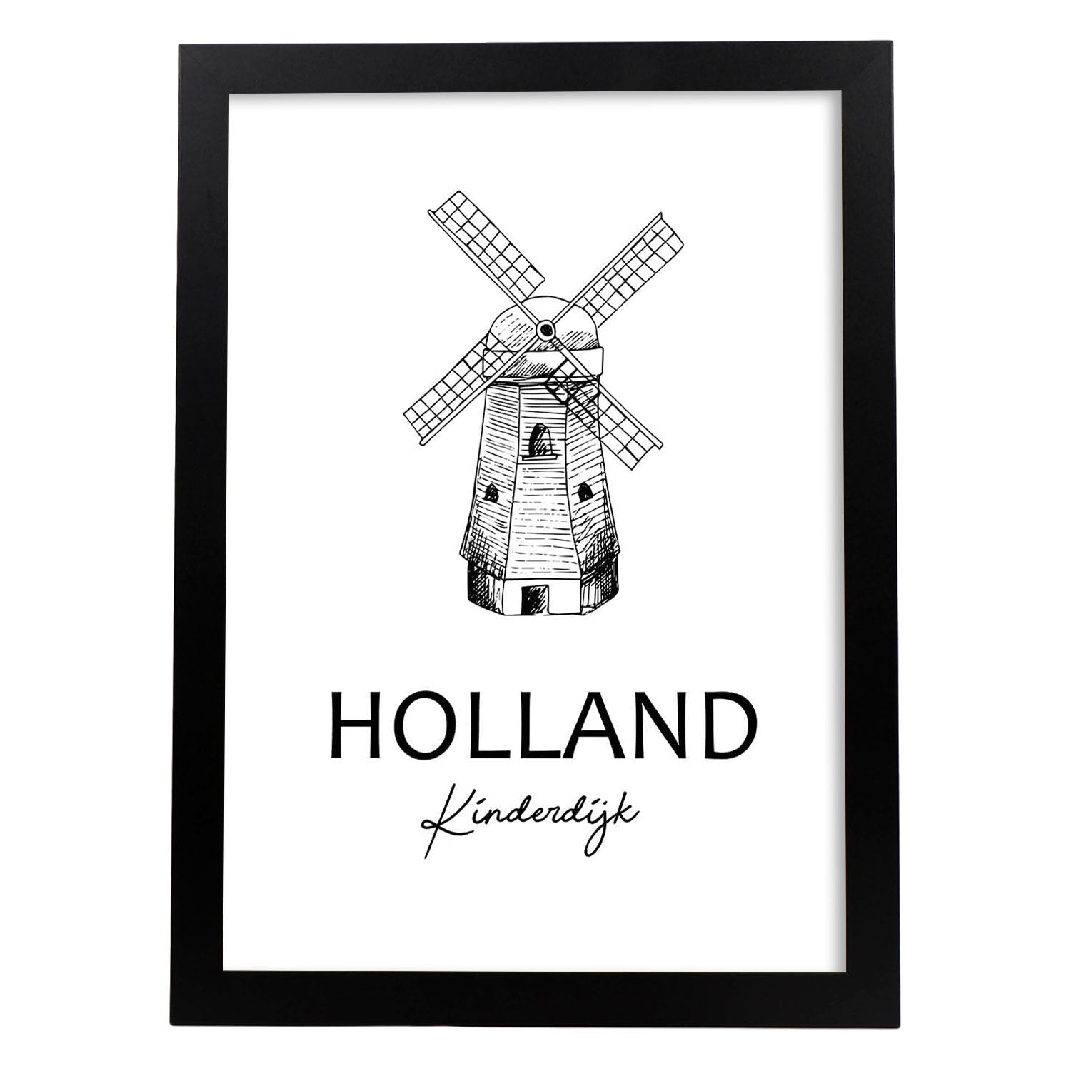 Poster de Holanda - Kinderdijk. Láminas con monumentos de ciudades.-Artwork-Nacnic-A4-Marco Negro-Nacnic Estudio SL
