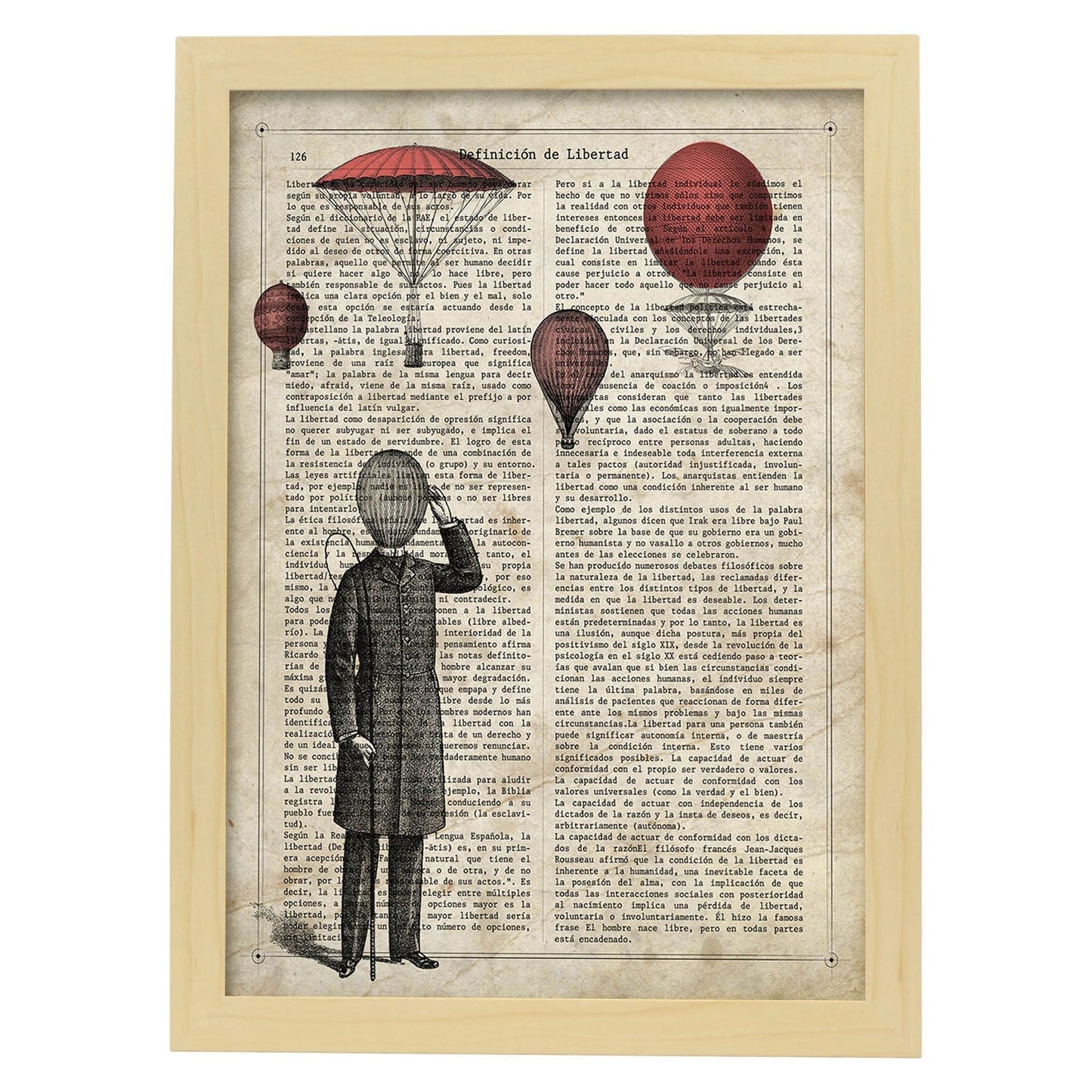 Poster de Hombre con globos. Láminas de globos aeroestáticos. Diseño con imágenes de globos.-Artwork-Nacnic-A3-Marco Madera clara-Nacnic Estudio SL