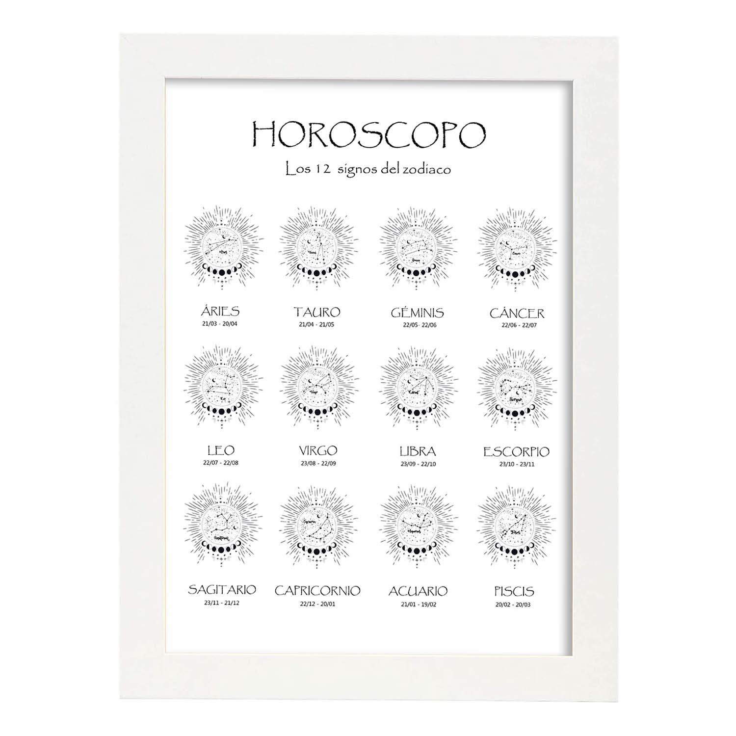 Poster de Horoscopos en español. Lamina de horoscopos y astrología.-Artwork-Nacnic-A3-Marco Blanco-Nacnic Estudio SL