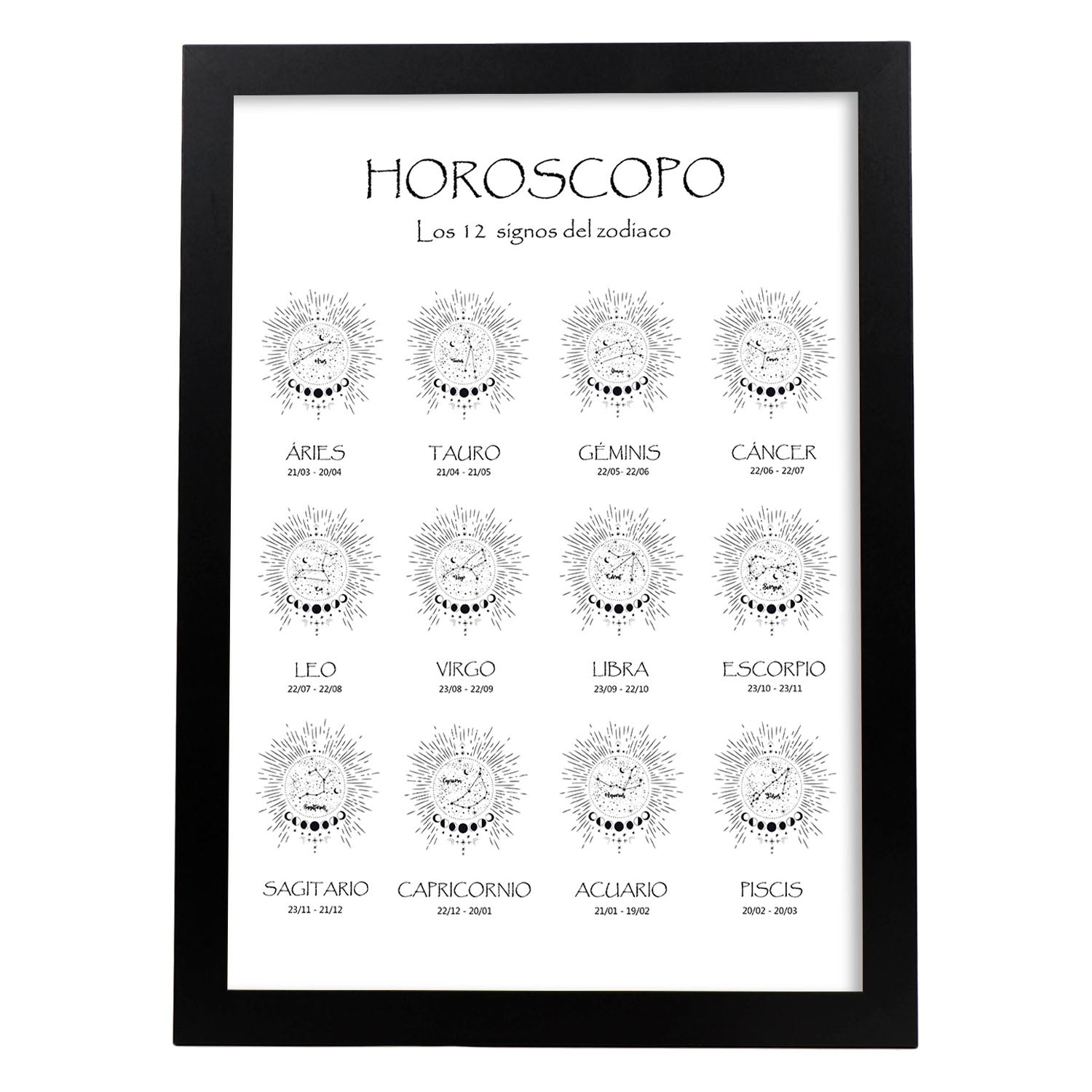 Poster de Horoscopos en español. Lamina de horoscopos y astrología.-Artwork-Nacnic-A3-Marco Negro-Nacnic Estudio SL