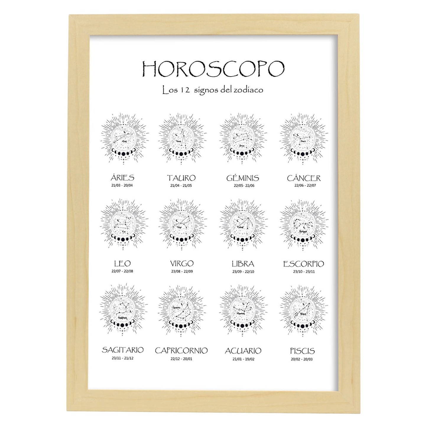 Poster de Horoscopos en español. Lamina de horoscopos y astrología.-Artwork-Nacnic-A4-Marco Madera clara-Nacnic Estudio SL
