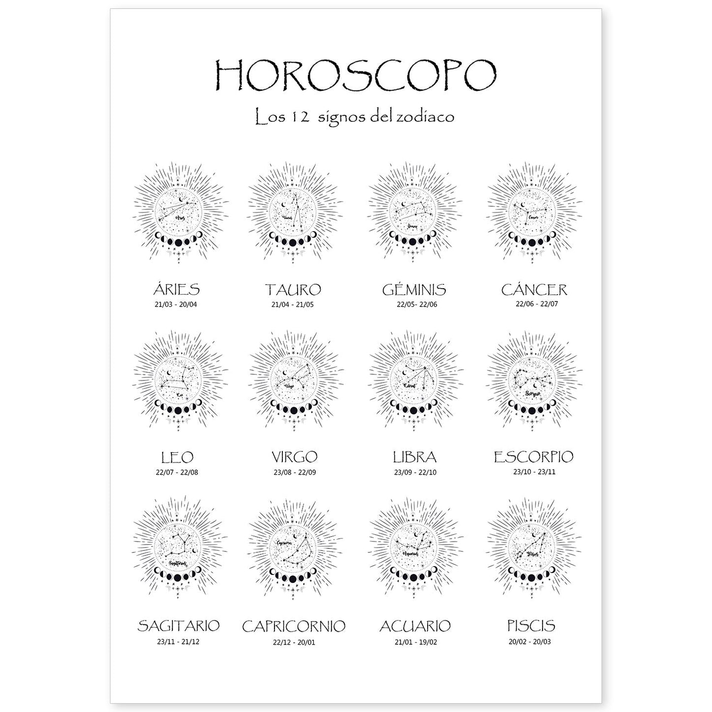 Poster de Horoscopos en español. Lamina de horoscopos y astrología.-Artwork-Nacnic-A4-Sin marco-Nacnic Estudio SL