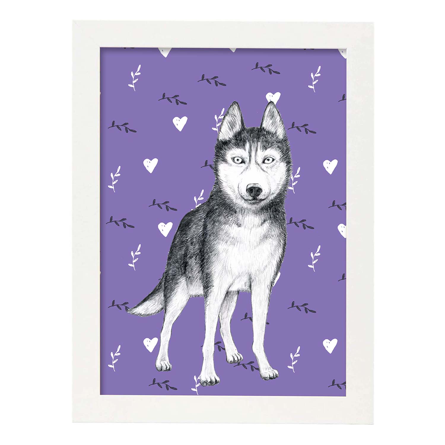 Poster de Husky siberiano morado. Lámina decorativa de perros.-Artwork-Nacnic-A4-Marco Blanco-Nacnic Estudio SL