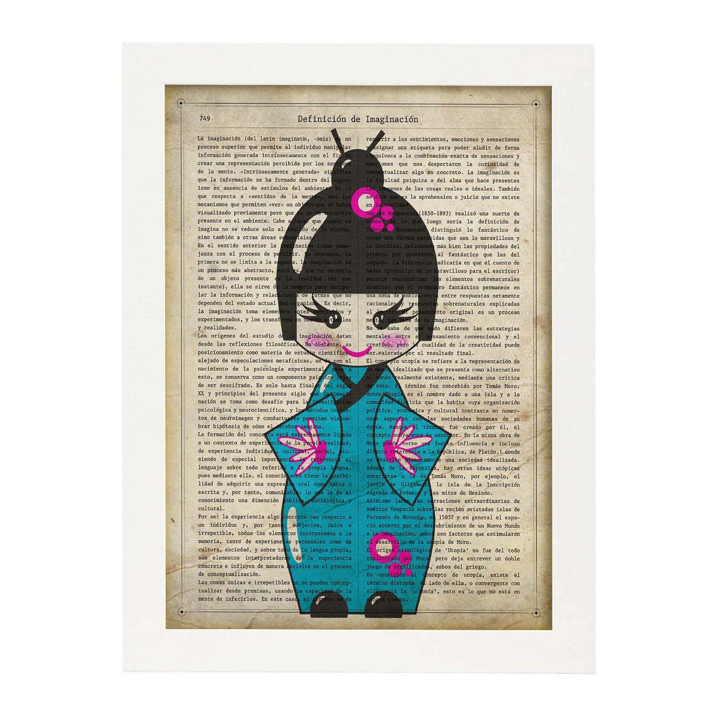 Poster de Japonesa kimono azul. Láminas de geishas. Diseños japoneses con definiciones de la cultura japonesa.-Artwork-Nacnic-A3-Marco Blanco-Nacnic Estudio SL